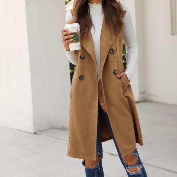 Classic Camel Tan Waterfall Pocket Long Vest Winter - Picture 5 of 13